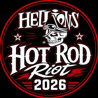 Logo with skull and text 'Hellions Hot Rod Riot 2026' in bold red, white, and black.