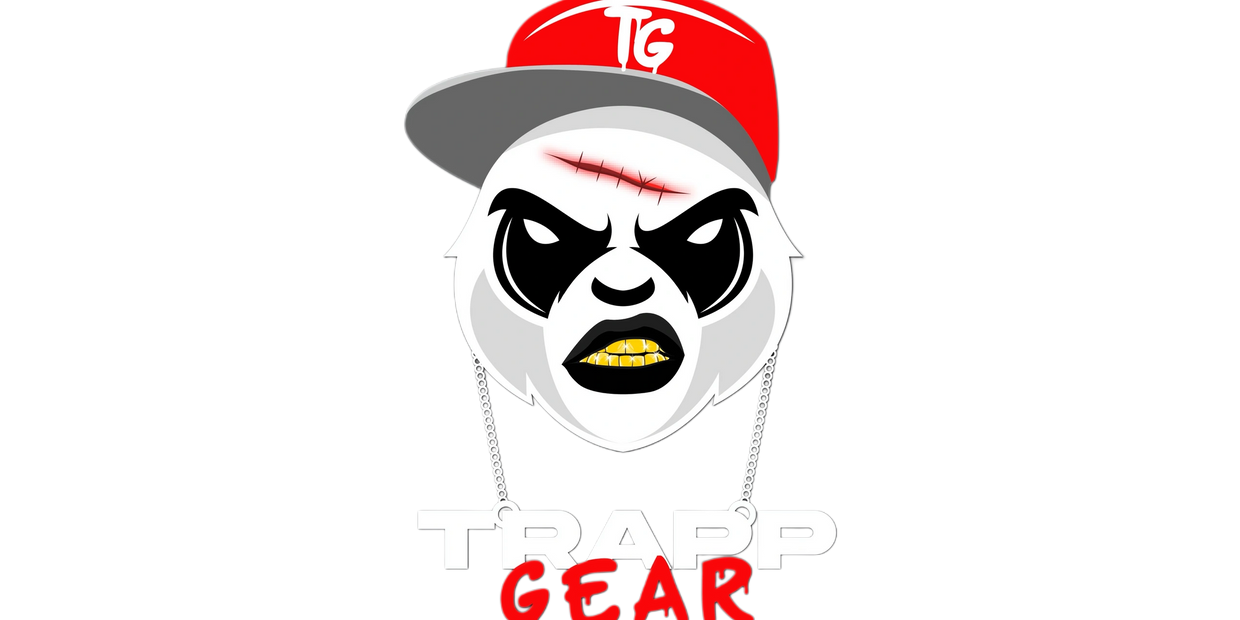 Aggressive panda logo with gold teeth and red cap for Trap Gear.