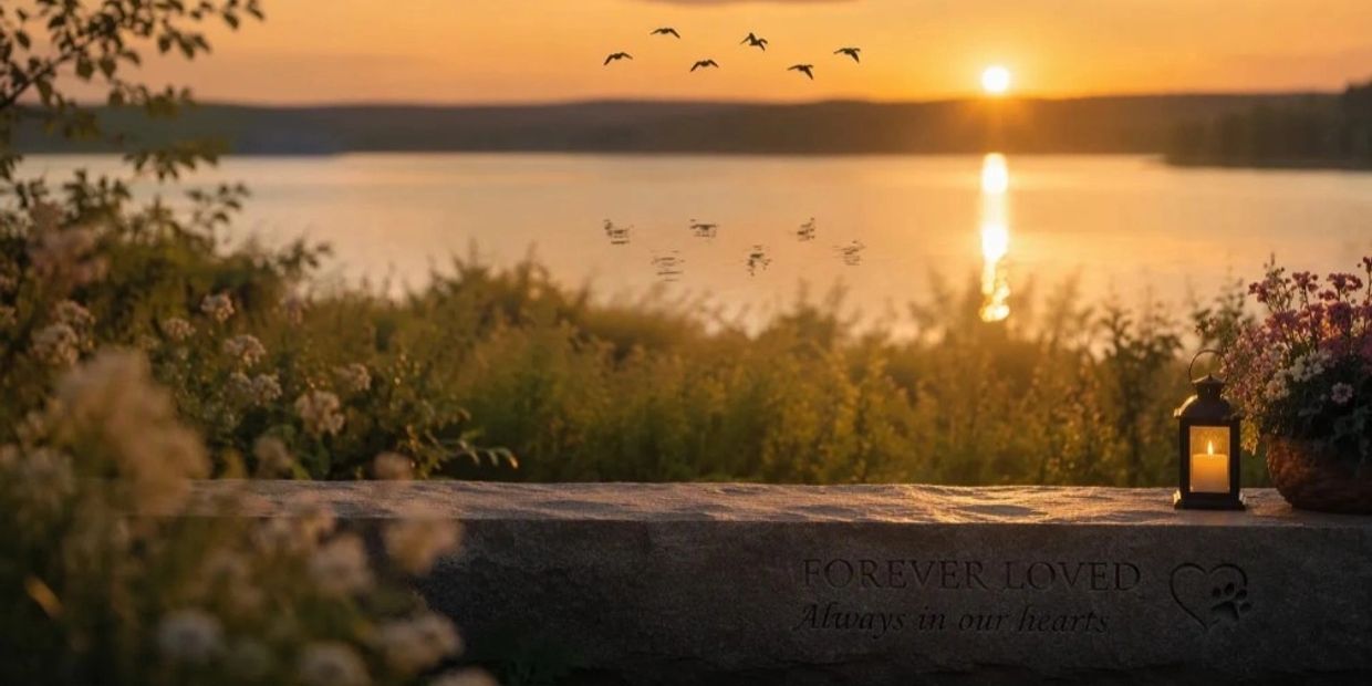 Sunset over a lake with a memorial stone inscribed "Forever Loved, Always in our hearts."