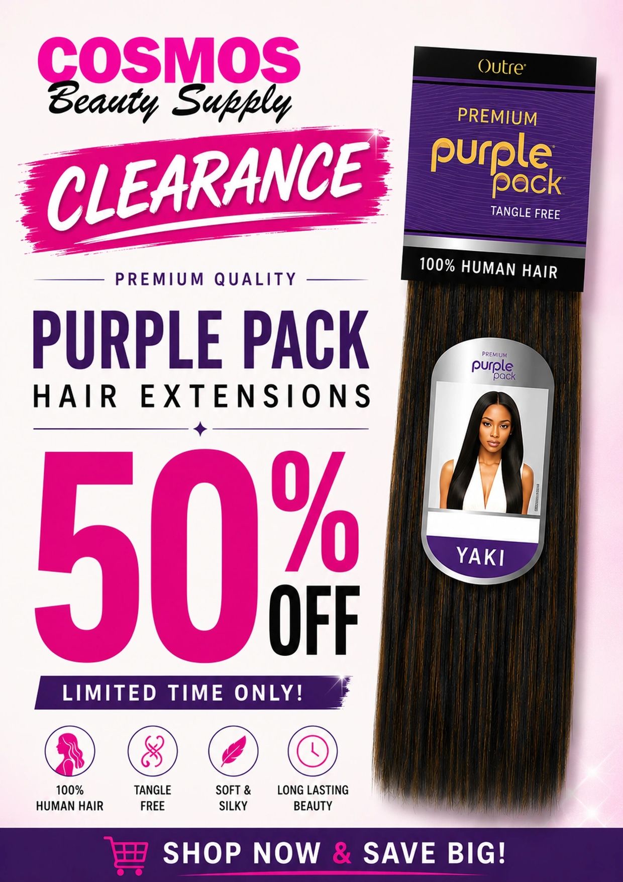 Clearance sale on Purple Pack hair extensions with 50% off at Cosmos Beauty Supply.