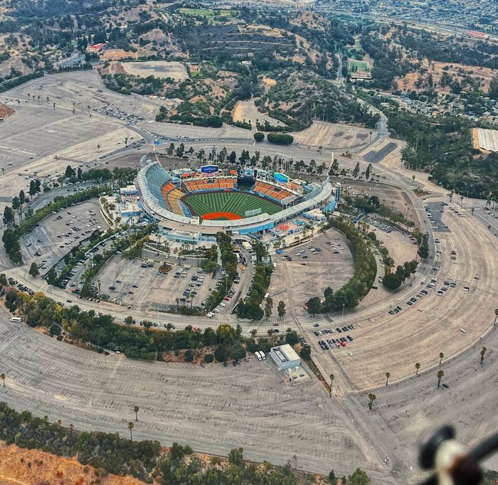 Flying an airplane tour over Dodgers stadium.  