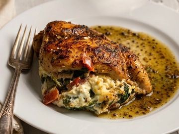Stuffed chicken breast with sauce on a white plate.