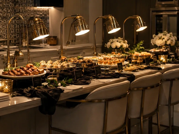Elegant buffet setup with warm lighting and floral arrangements.