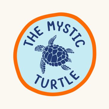 Logo with a turtle and text 'The Mystic Turtle' in blue and orange.