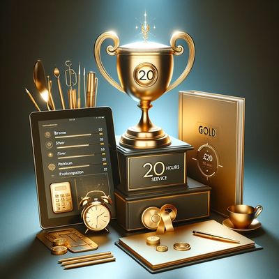 Gold trophy for 20 hours service, tablet displaying productivity tools, symbolizing prestigious VA s