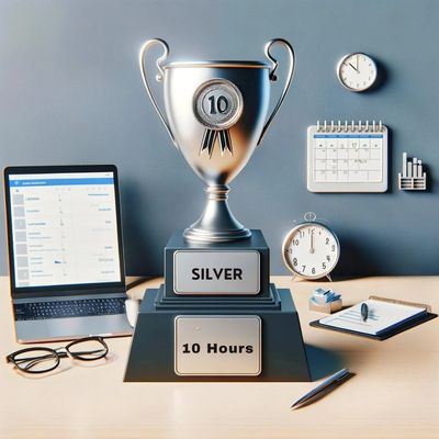 Workspace with laptop, calendar, clock, and a large silver trophy stating "10 Hours" package