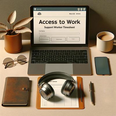 Laptop with an online Access To Work application form on screen and noise-cut out headphones.