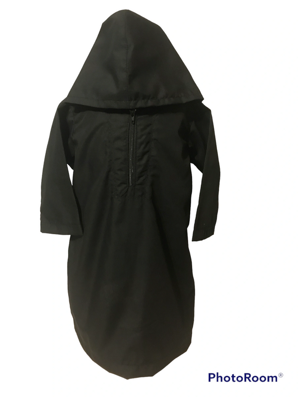 Black hooded dress with a front zipper and long sleeves.