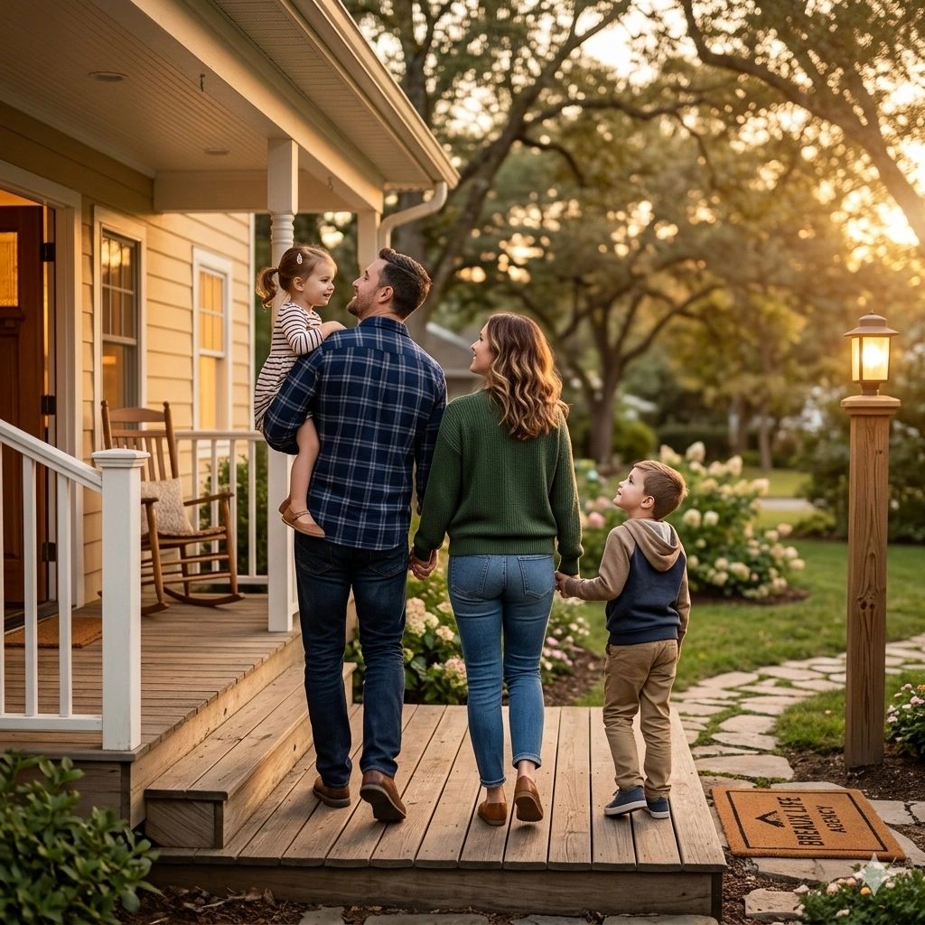 Family of four walking onto a welcoming porch at sunset.