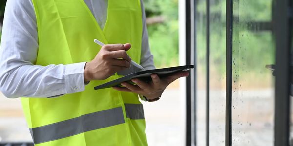 Person in a reflective safety vest writing on a digital tablet.