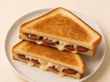 Grilled sandwich with melted cheese and sausage slices on a white plate.