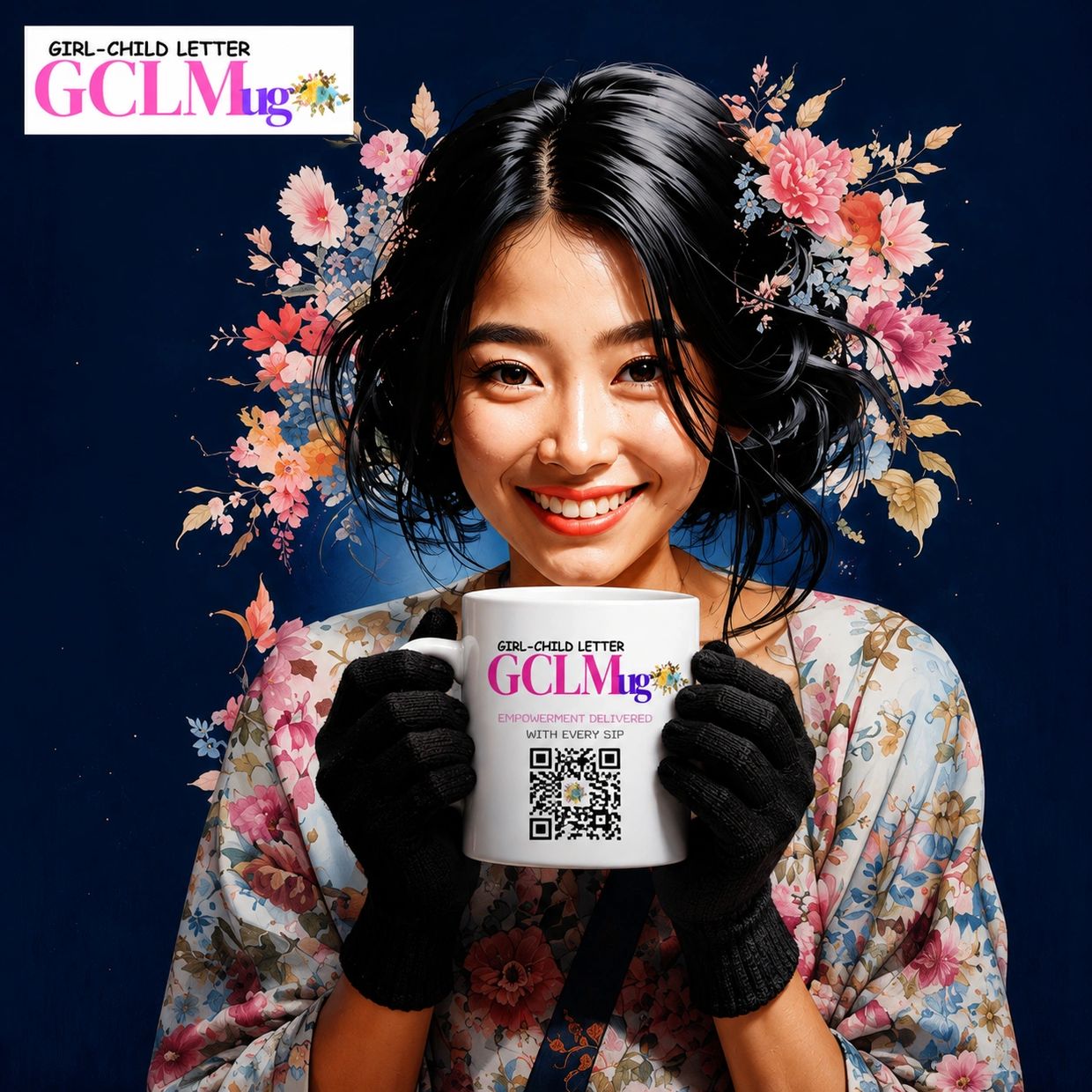 Smiling woman holding a GCLMug with floral design, wearing black gloves and a floral dress.