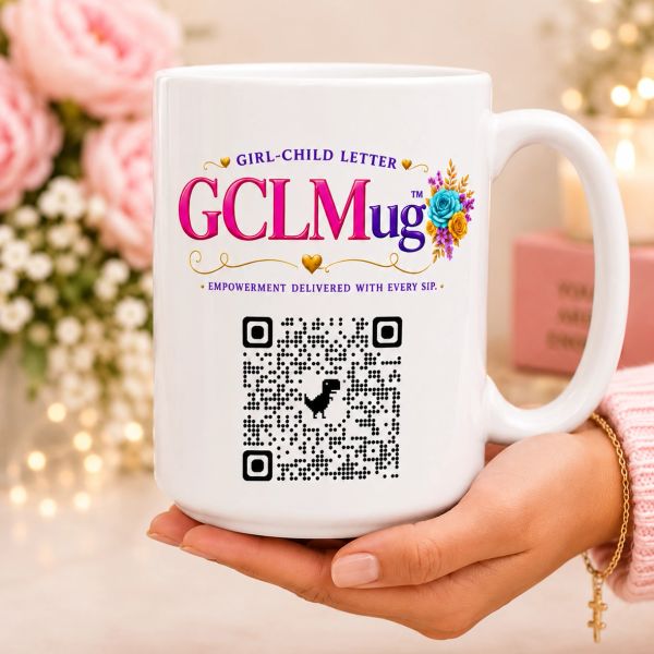 White mug with colorful GCLMug text and QR code, held by a hand.