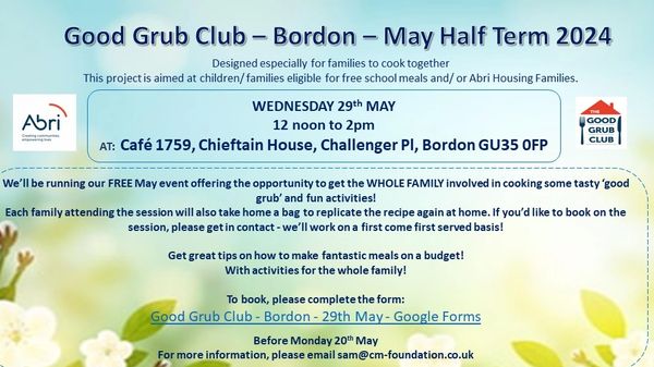 WEDNESDAY 29th MAY
12 noon to 2pm
AT:  Café 1759, Chieftain House, Challenger Pl, Bordon GU35 0FP

W