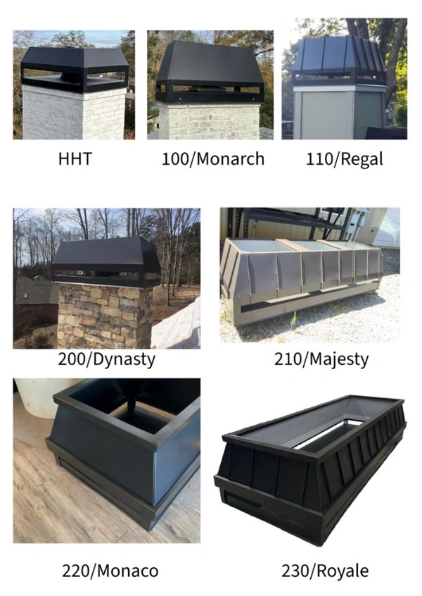 Various models of black chimney caps displayed with names and numbers.