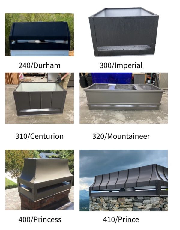 Various metal chimney caps labeled by model names and numbers.