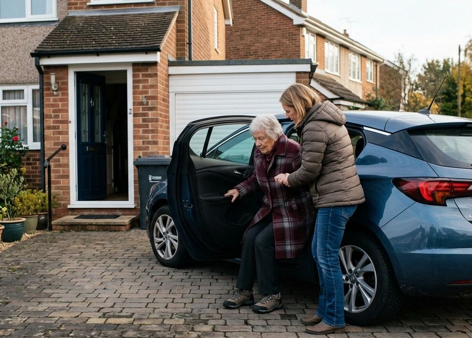 A younger woman helps an elderly woman out of a car in front of a house.