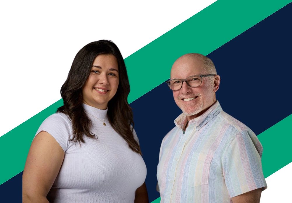 Smiling woman and man posed against a white background with green and navy diagonal stripes.
