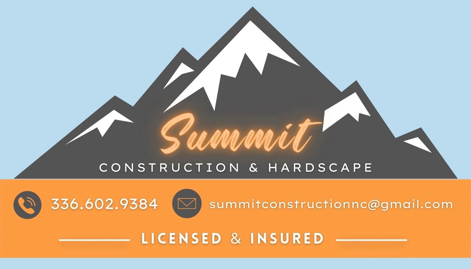 Logo for Summit Construction & Hardscape with contact info and licensing details.