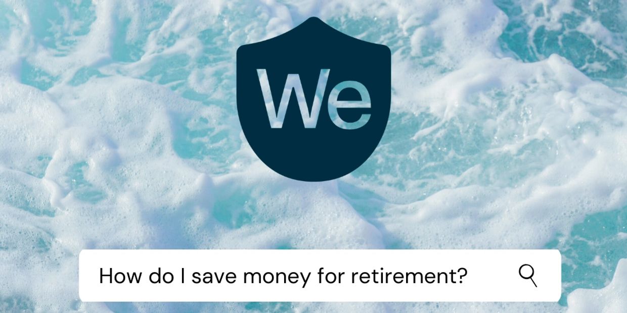 Search bar asking how to save money for retirement over ocean waves background.