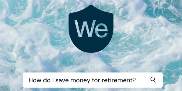 Search bar asking how to save money for retirement over ocean waves background.