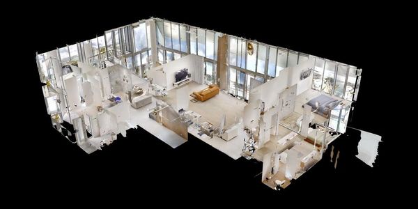 3D floor plan of a modern, spacious apartment with large windows.