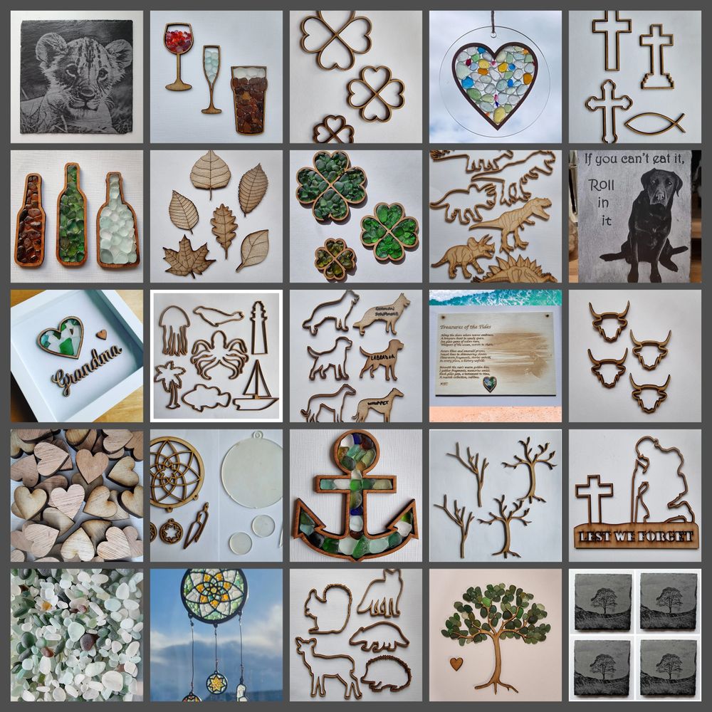 Small pictures of creative products by DUC, seaglass, slate and wood.