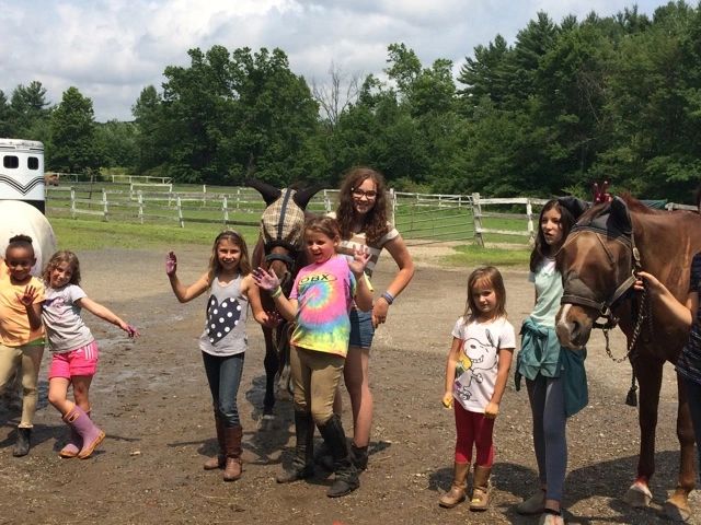Groups of campers with their CITS and horses.