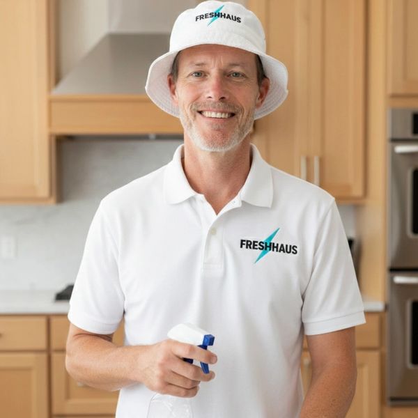 Man in FreshHaus uniform cleaning kitchen counter with spray bottle and cloth.