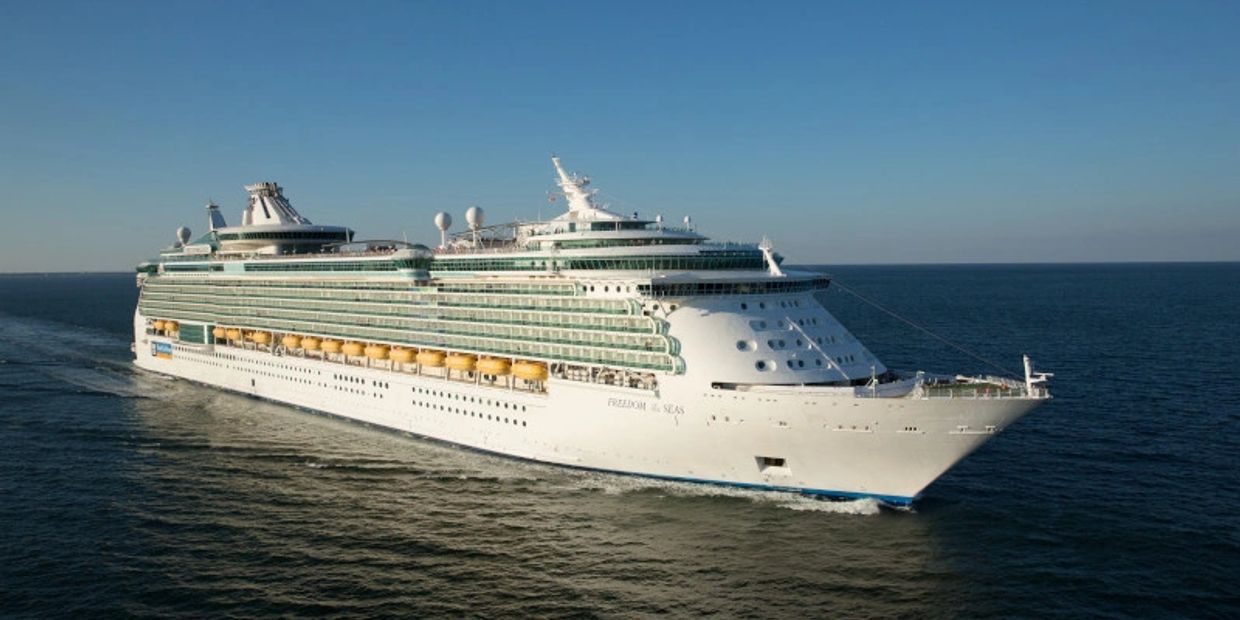 Large white cruise ship sailing on calm ocean waters under clear blue sky.
