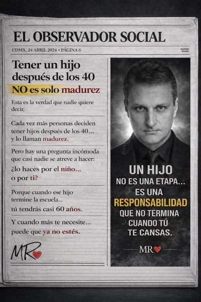 Newspaper article discusses challenges of having children after 40, emphasizing responsibility.