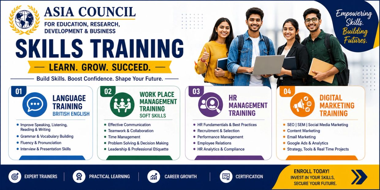 Asia Council skills training courses in language, workplace, HR, and digital marketing.