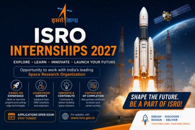 ISRO Internships 2027 announcement with launch rocket image.