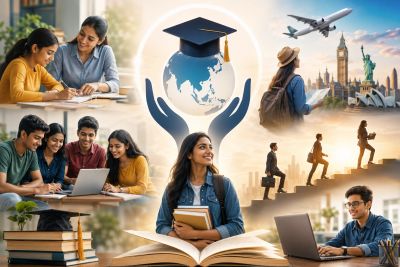 Students studying, traveling, and progressing with education globally.