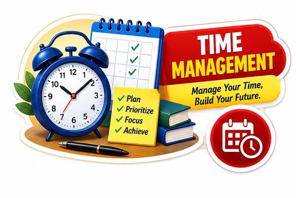 Time management concept with clock, checklist, and books.