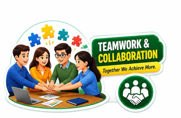 Teamwork and collaboration illustration with diverse group.