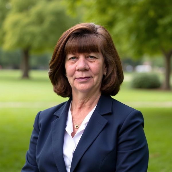 Professional woman in a navy blazer outdoors with a confident expression.