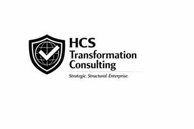 Logo of HCS Transformation Consulting with a shield and checkmark symbol.