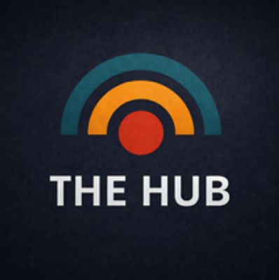 Logo of The Hub with colorful semi-circle design above text.