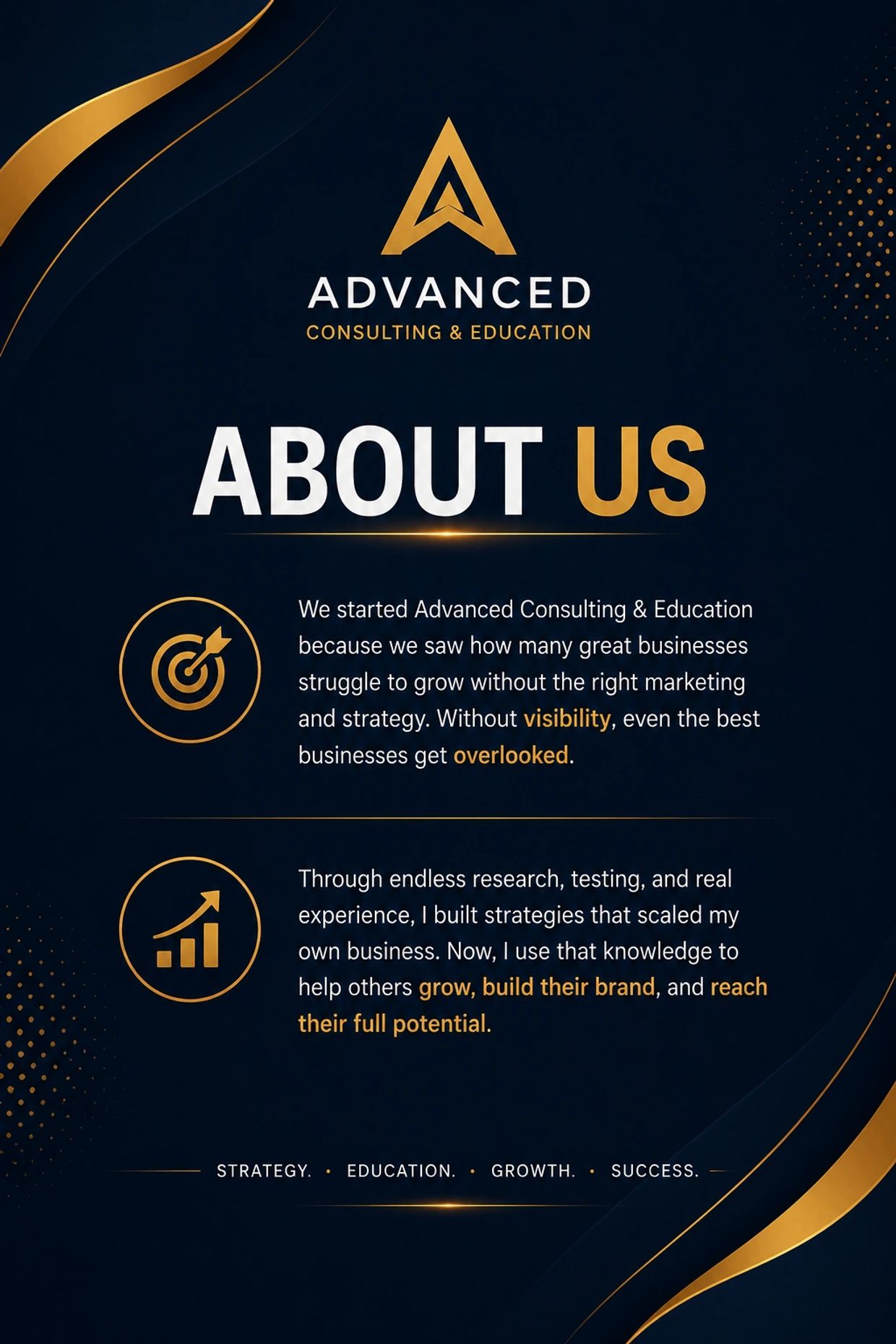 About Advanced Consulting &amp; Education and its mission to help businesses grow.
