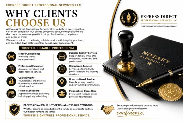Professional notary services emphasizing trust, reliability, and client care.
