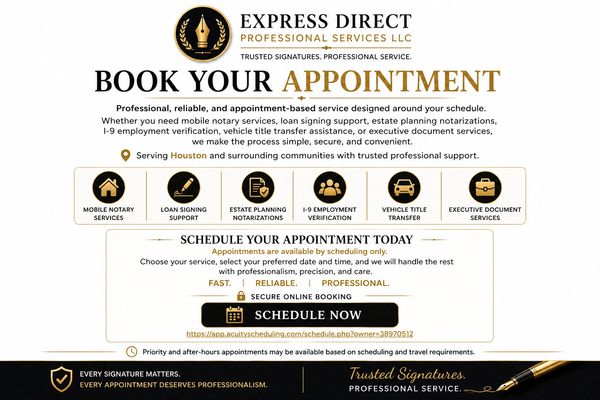 Flyer for Express Direct Professional Services LLC offering appointment-based notary and document services.