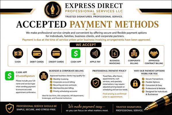 Accepted payment methods at Express Direct include cash, cards, Cash App, Apple Pay, and billing options.