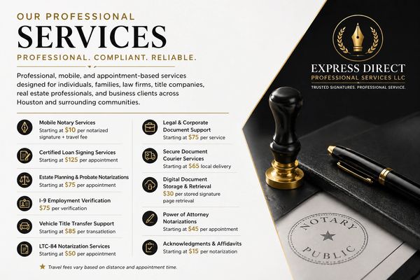 Professional mobile notary and document services offered in Houston and nearby areas.