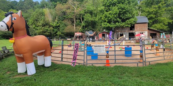 Inflatable horse near a fenced equestrian training area.