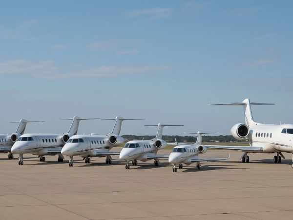A lineup of various private jets parked on an airport tarmac under a clear blue sky.