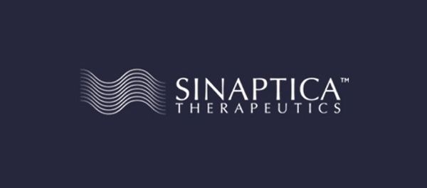 Sinaptica Therapeutics logo with wavy lines on dark background.