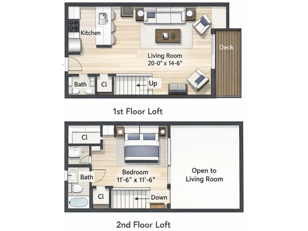 Two-floor loft with living room, kitchen, and bedroom.