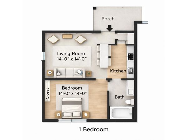 1-bedroom apartment floor plan with living room, kitchen, bath, and porch.