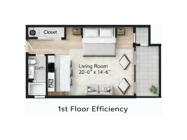 Studio apartment layout with living area, kitchen, bathroom, closet, and balcony.
